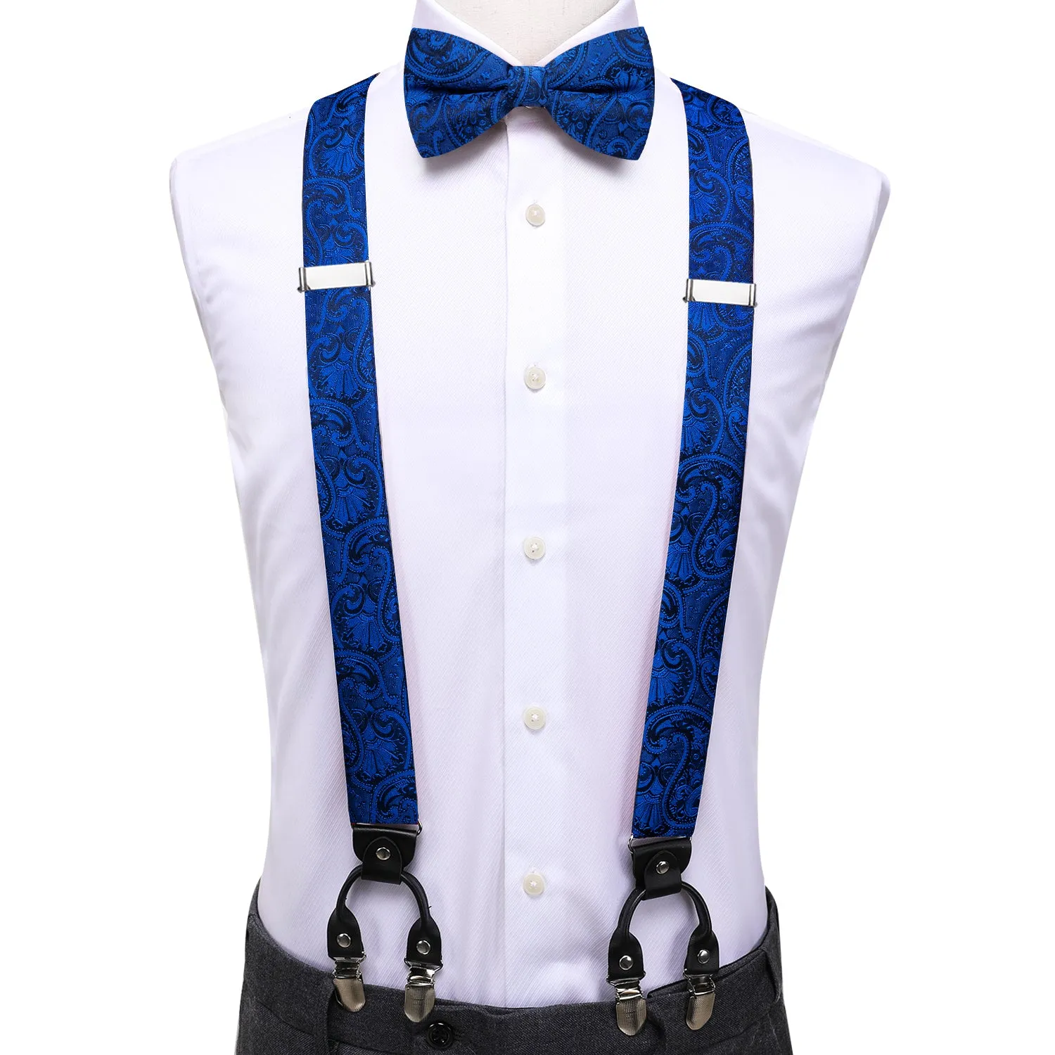 Hi-Tie Deep Blue Paisley Novelty Suspender Bowtie Hanky Cufflinks Set