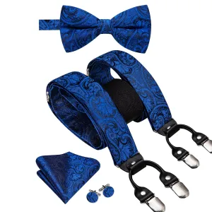 Hi-Tie Deep Blue Paisley Novelty Suspender Bowtie Hanky Cufflinks Set