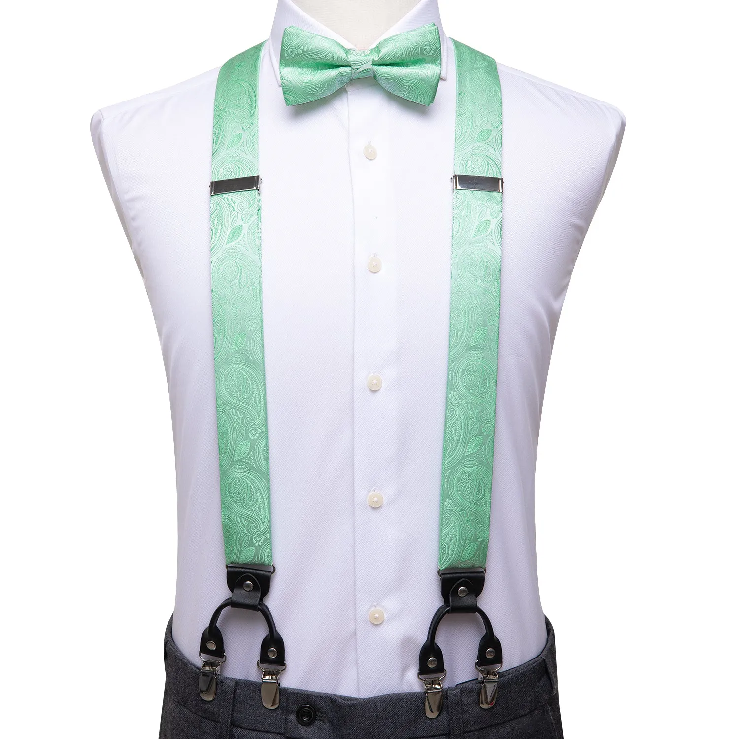 Hi-Tie Luxury Mint Green Paisley Suspender Bowtie Hanky Cufflinks Set