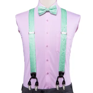 Hi-Tie Luxury Mint Green Paisley Suspender Bowtie Hanky Cufflinks Set