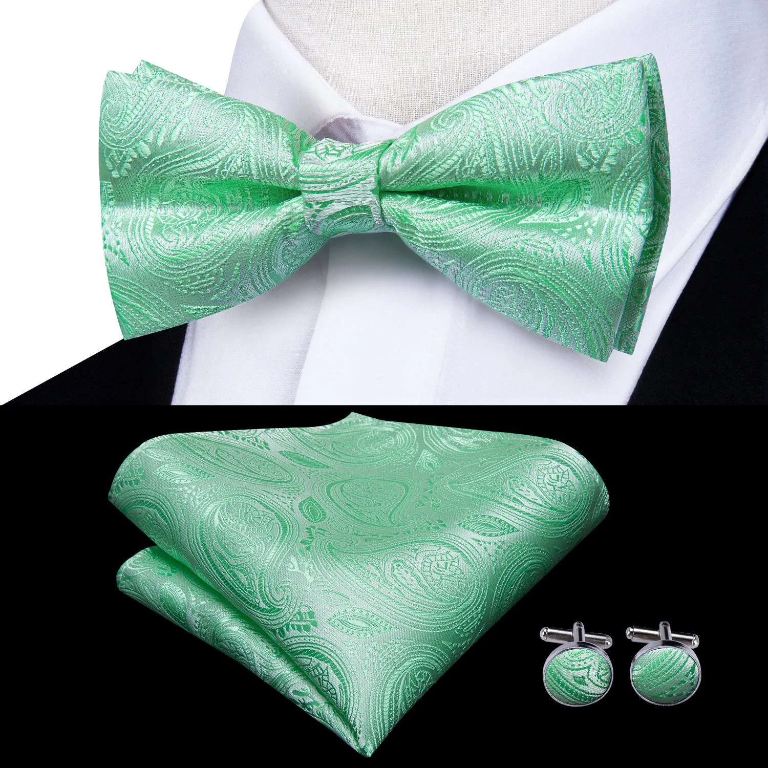 Hi-Tie Luxury Mint Green Paisley Suspender Bowtie Hanky Cufflinks Set