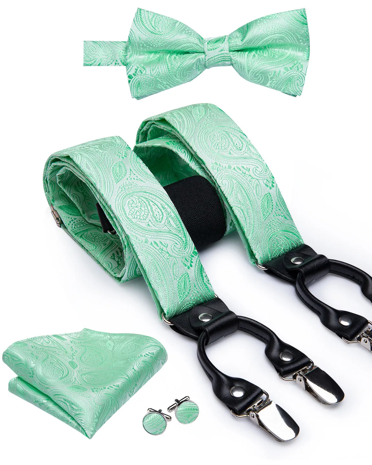 Hi-Tie Luxury Mint Green Paisley Suspender Bowtie Hanky Cufflinks Set