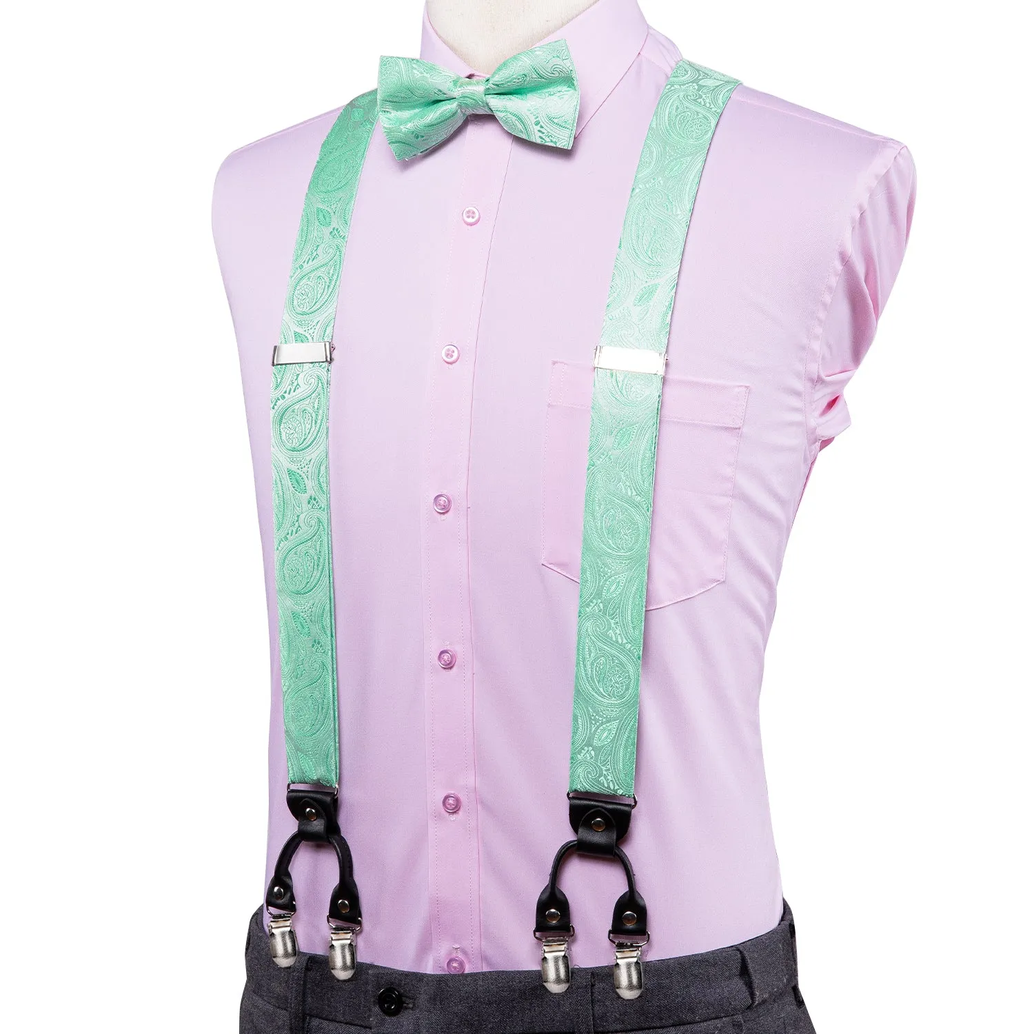 Hi-Tie Luxury Mint Green Paisley Suspender Bowtie Hanky Cufflinks Set