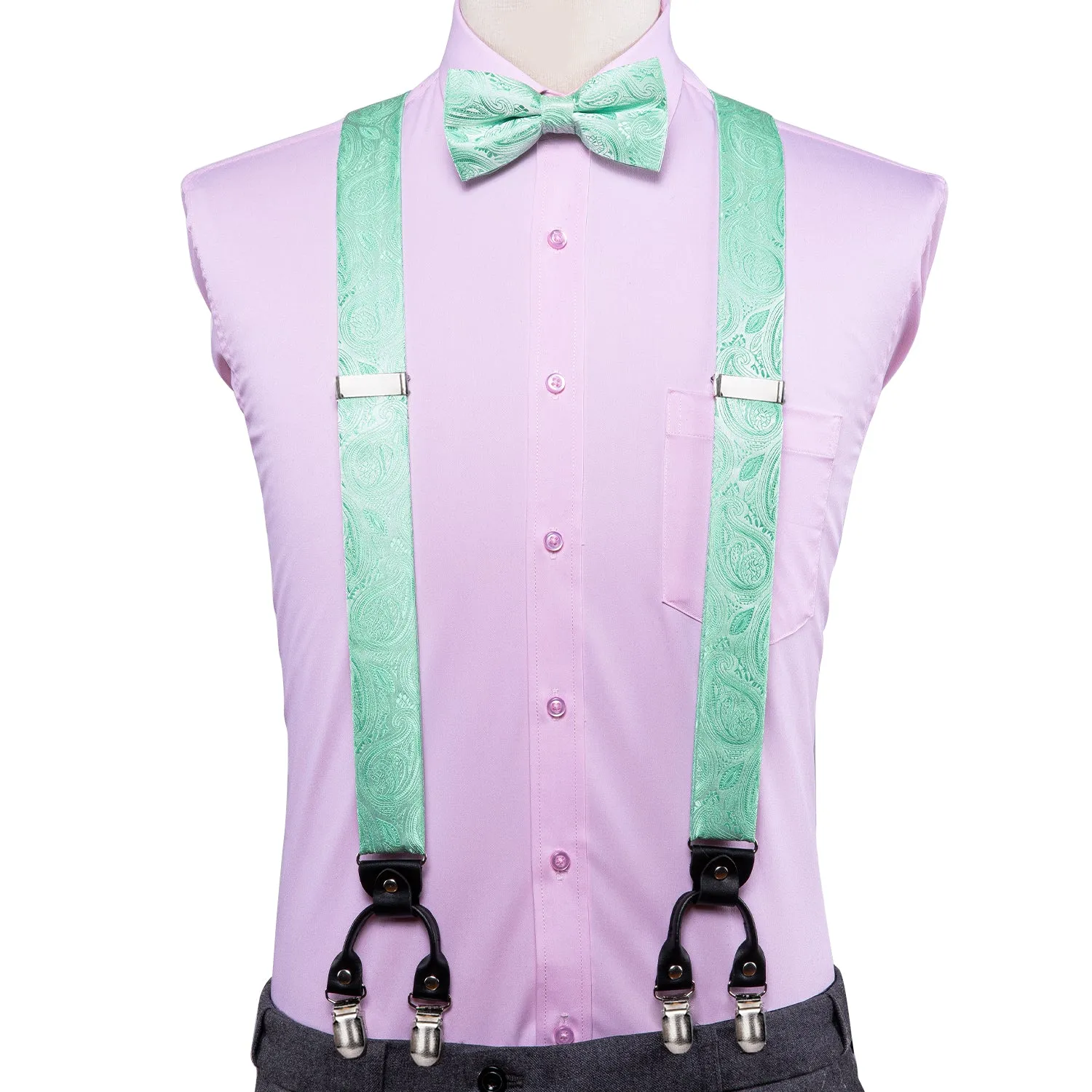 Hi-Tie Luxury Mint Green Paisley Suspender Bowtie Hanky Cufflinks Set