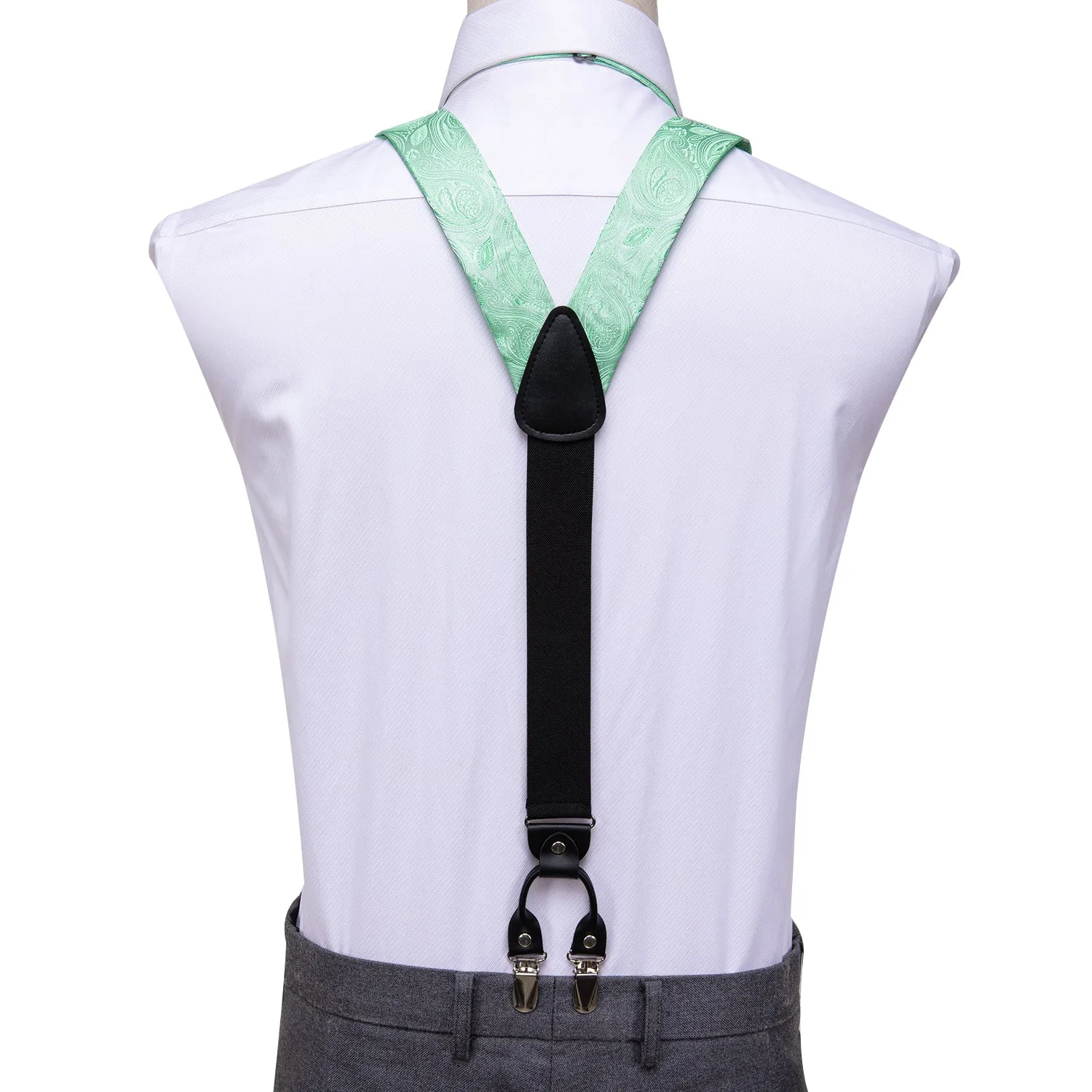 Hi-Tie Luxury Mint Green Paisley Suspender Bowtie Hanky Cufflinks Set