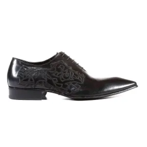 Jo Ghost Men's Designer Shoes Parma Doc Col Nero Embroidered Black Leather Oxfords (JG2201)