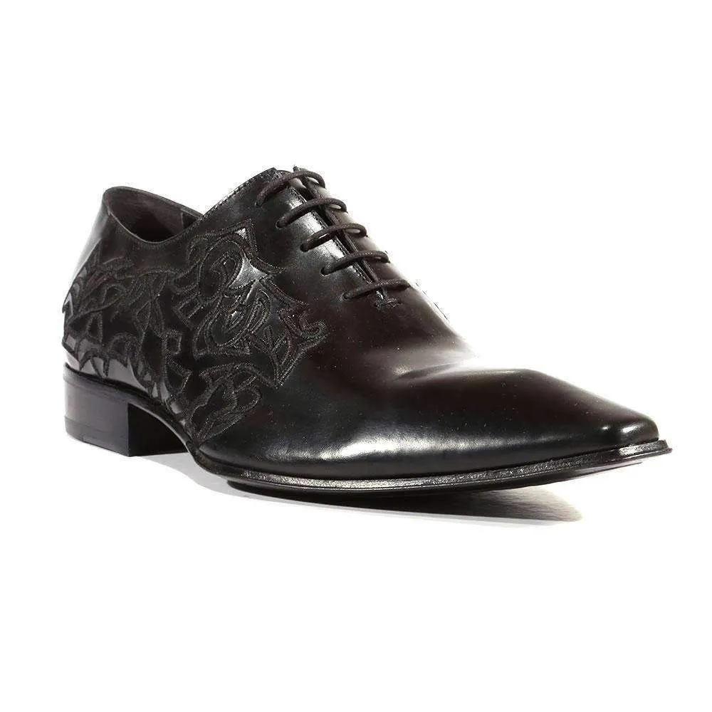 Jo Ghost Men's Designer Shoes Parma Doc Col Nero Embroidered Black Leather Oxfords (JG2201)