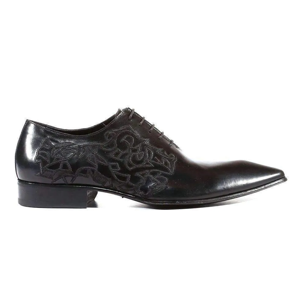 Jo Ghost Men's Designer Shoes Parma Doc Col Nero Embroidered Black Leather Oxfords (JG2201)