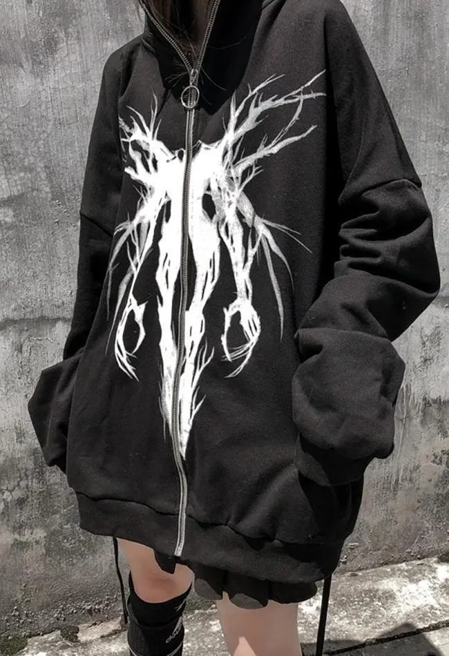 Joskaa Zipper Gothic Print Oversized Hoodie