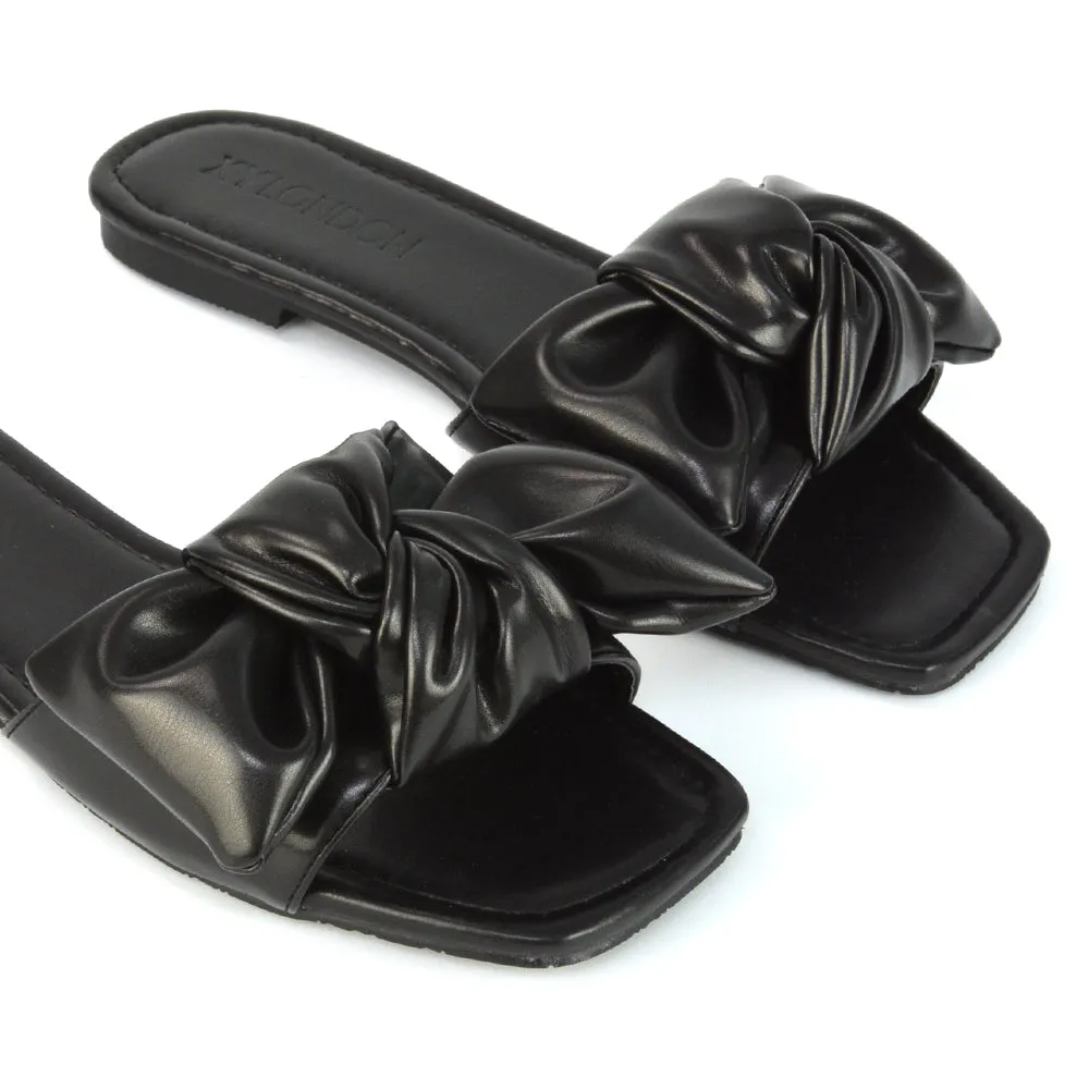 Kallie Flat Bow Detail Square Toe Summer Slider Sandals in Orange Synthetic Leather
