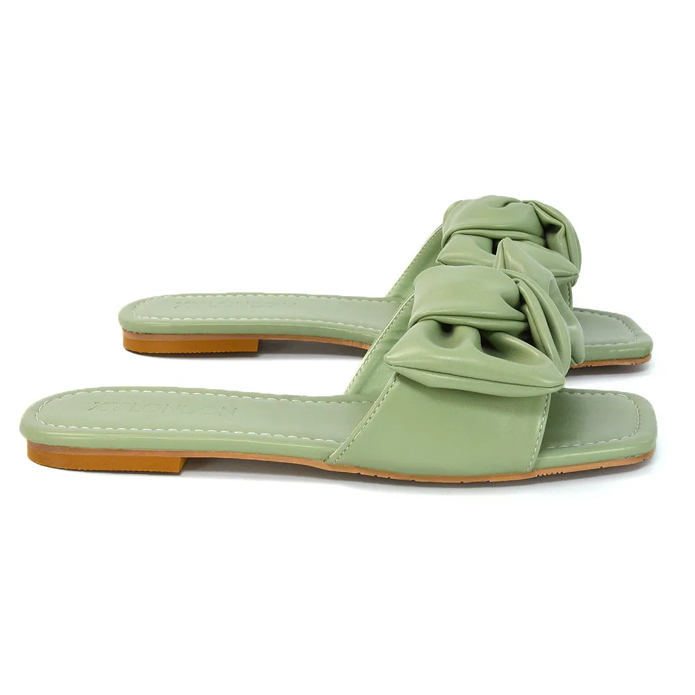 Kallie Flat Bow Detail Square Toe Summer Slider Sandals in Orange Synthetic Leather