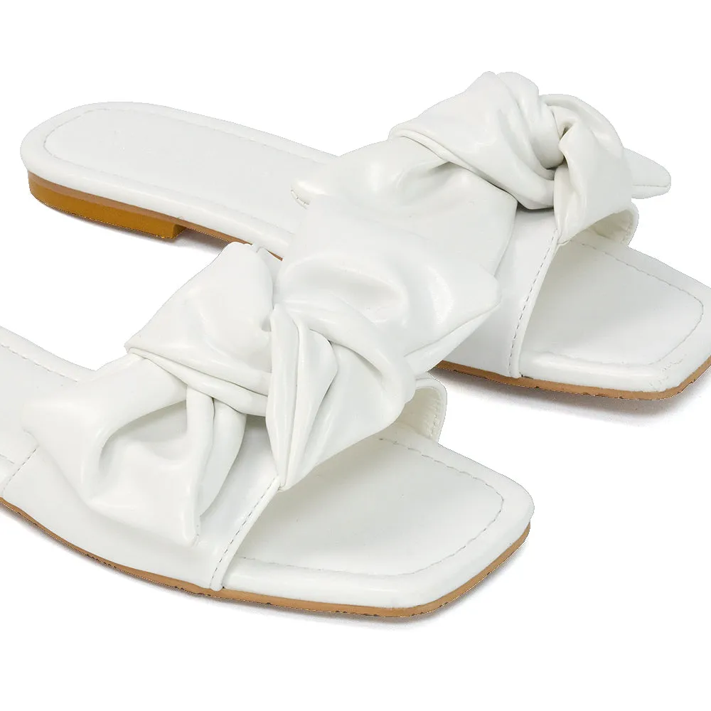 Kallie Flat Bow Detail Square Toe Summer Slider Sandals in Orange Synthetic Leather