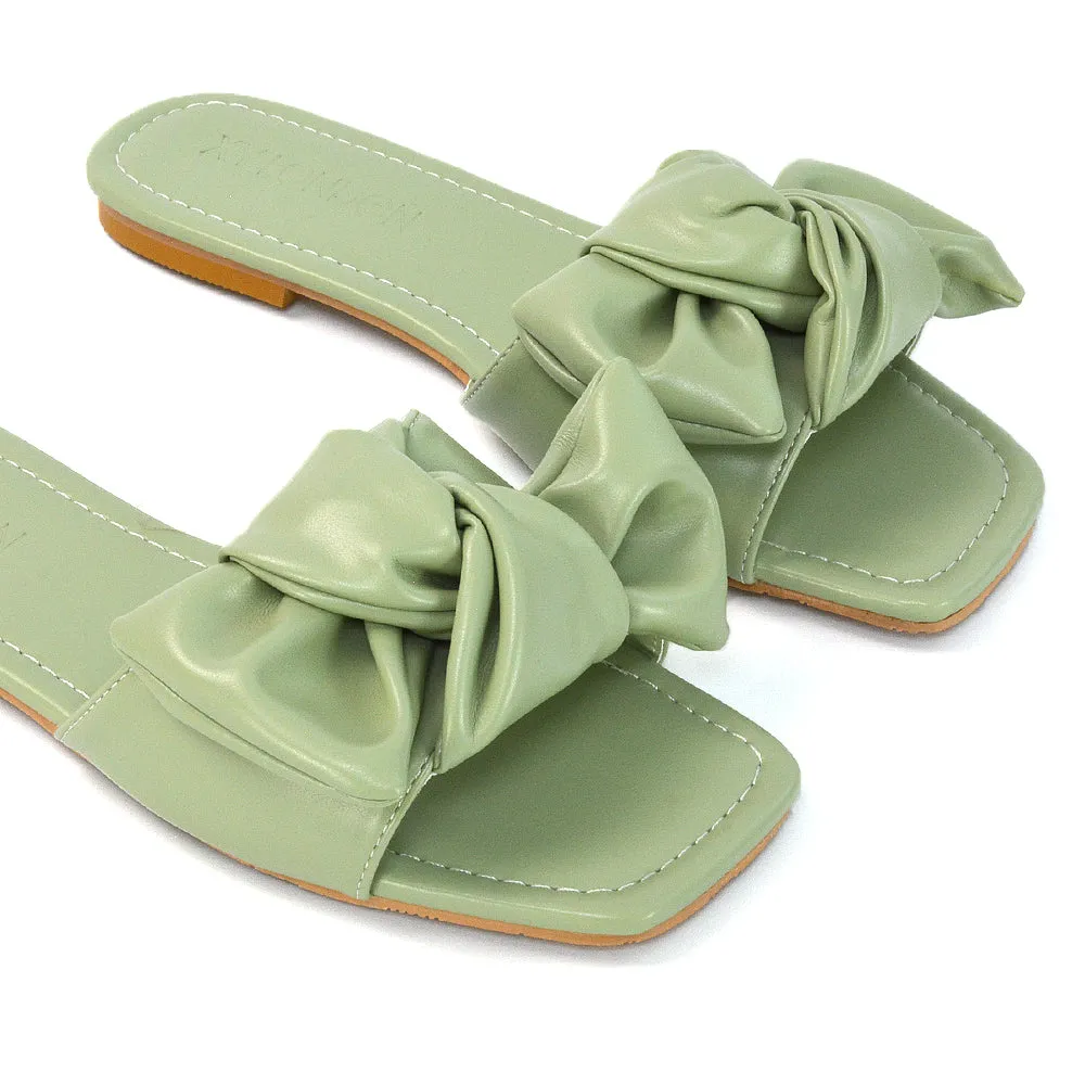Kallie Flat Bow Detail Square Toe Summer Slider Sandals in Orange Synthetic Leather