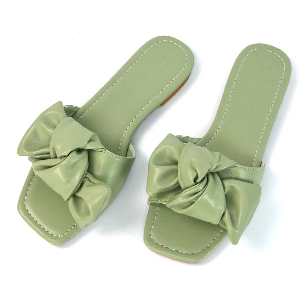Kallie Flat Bow Detail Square Toe Summer Slider Sandals in Orange Synthetic Leather