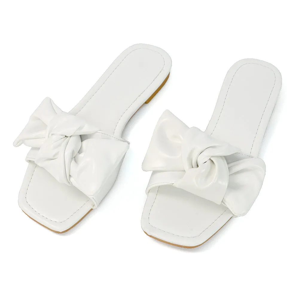 Kallie Flat Bow Detail Square Toe Summer Slider Sandals in Orange Synthetic Leather