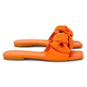 Kallie Flat Bow Detail Square Toe Summer Slider Sandals in Orange Synthetic Leather