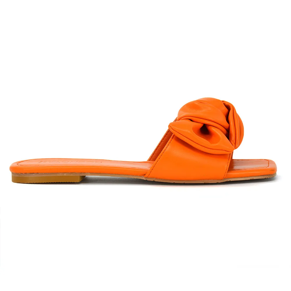 Kallie Flat Bow Detail Square Toe Summer Slider Sandals in Orange Synthetic Leather