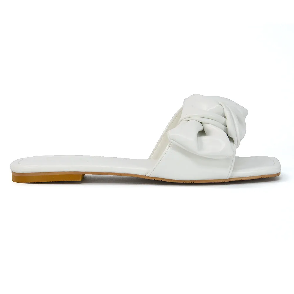 Kallie Flat Bow Detail Square Toe Summer Slider Sandals in Orange Synthetic Leather