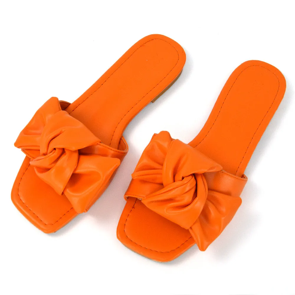 Kallie Flat Bow Detail Square Toe Summer Slider Sandals in Orange Synthetic Leather