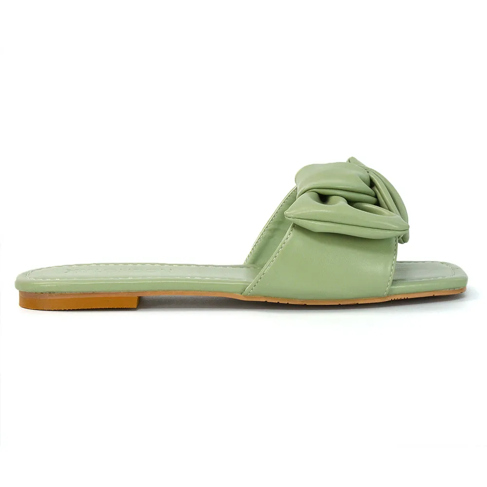 Kallie Flat Bow Detail Square Toe Summer Slider Sandals in Orange Synthetic Leather