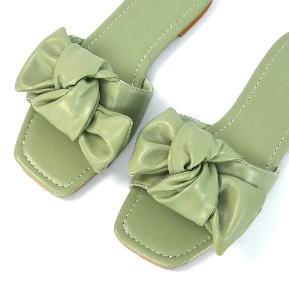 Kallie Flat Bow Detail Square Toe Summer Slider Sandals in Orange Synthetic Leather