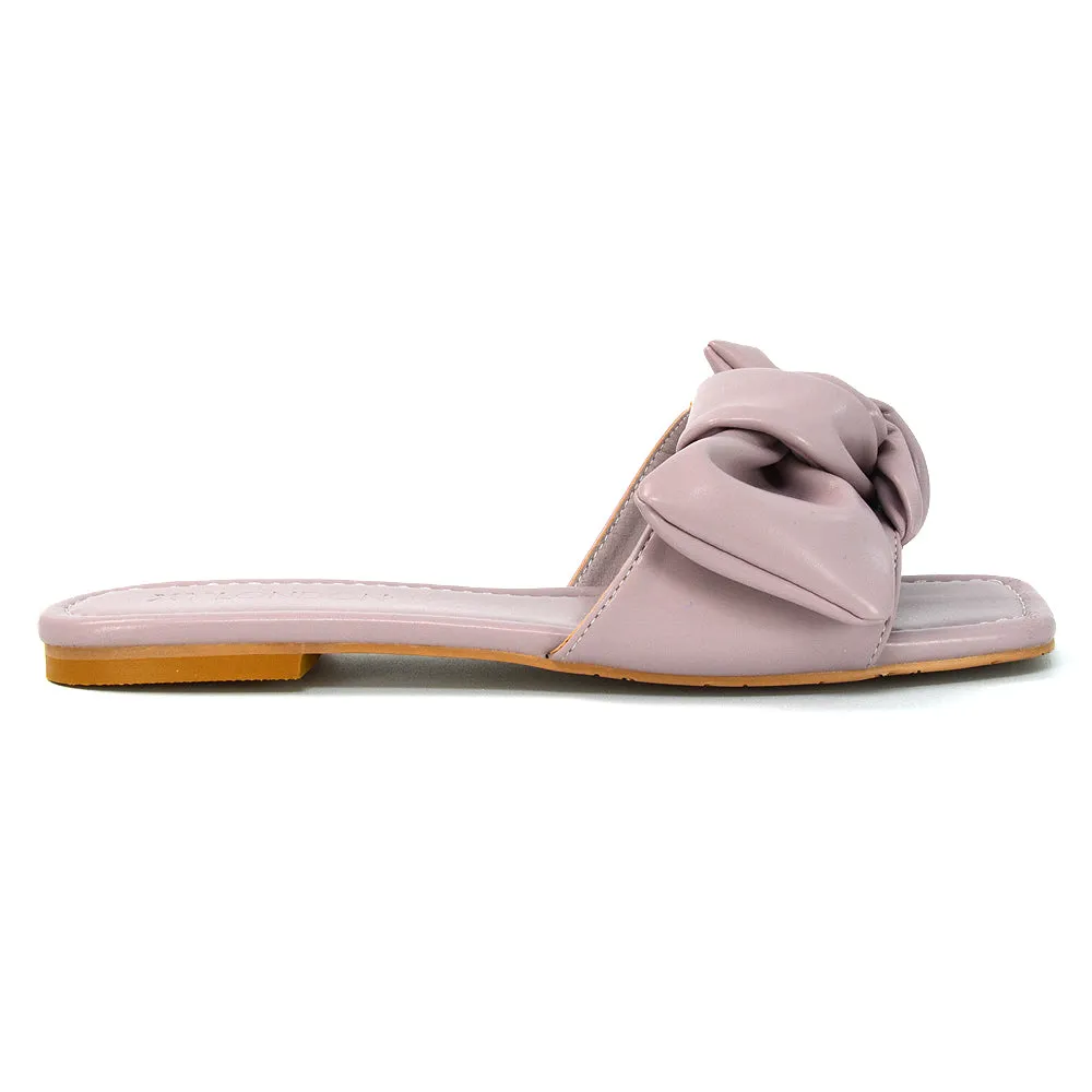 Kallie Flat Bow Detail Square Toe Summer Slider Sandals in Orange Synthetic Leather