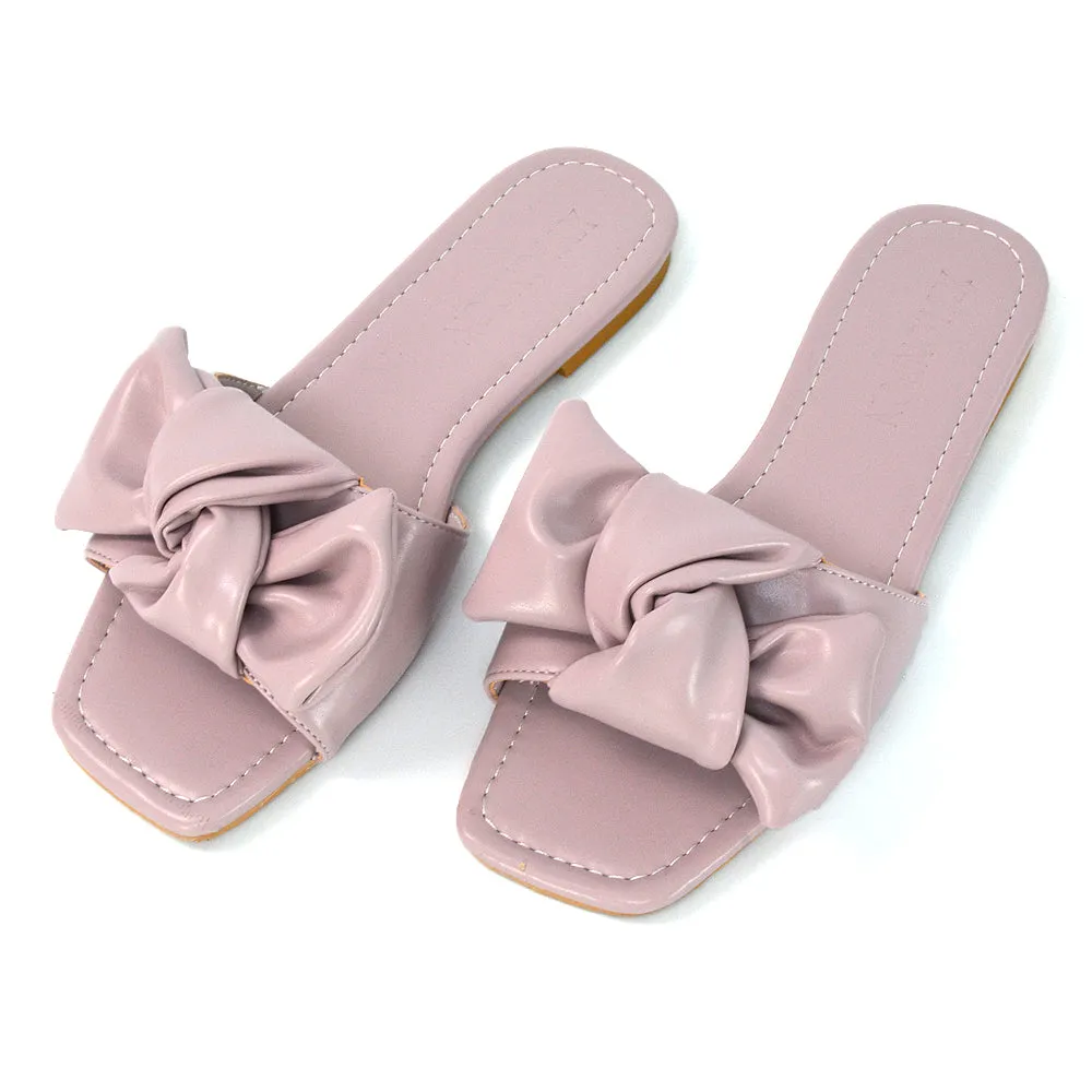 Kallie Flat Bow Detail Square Toe Summer Slider Sandals in Orange Synthetic Leather