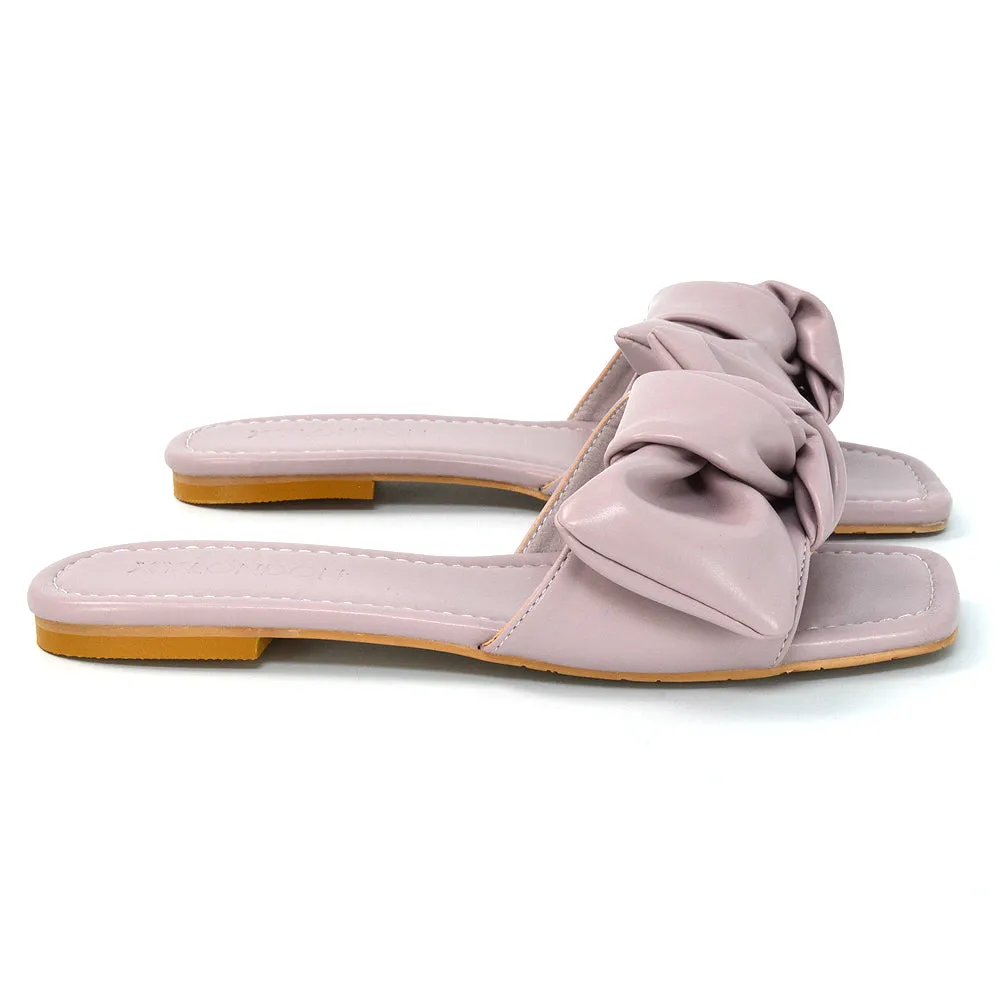 Kallie Flat Bow Detail Square Toe Summer Slider Sandals in Orange Synthetic Leather