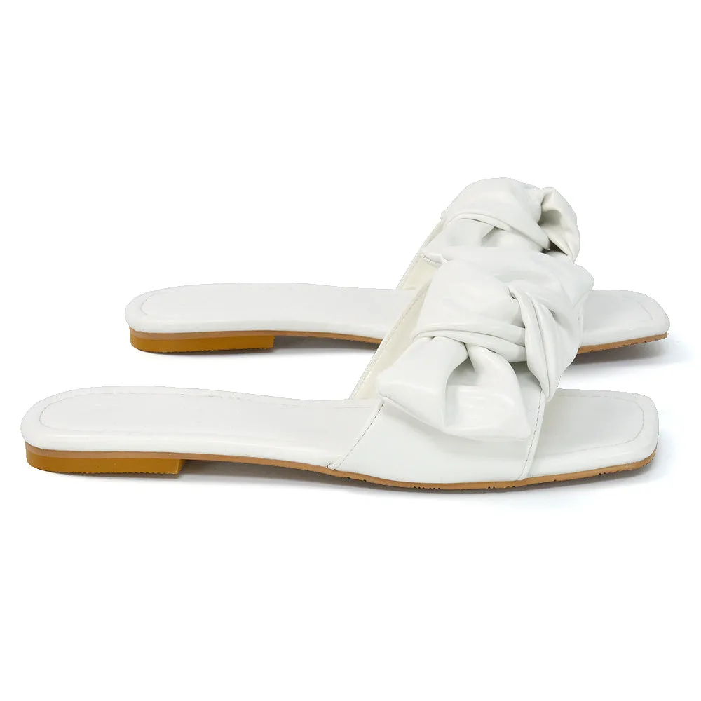 Kallie Flat Bow Detail Square Toe Summer Slider Sandals in Orange Synthetic Leather