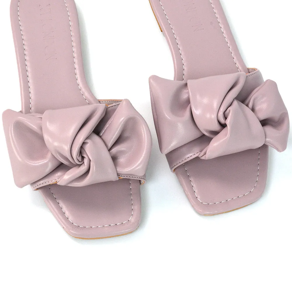 Kallie Flat Bow Detail Square Toe Summer Slider Sandals in Orange Synthetic Leather