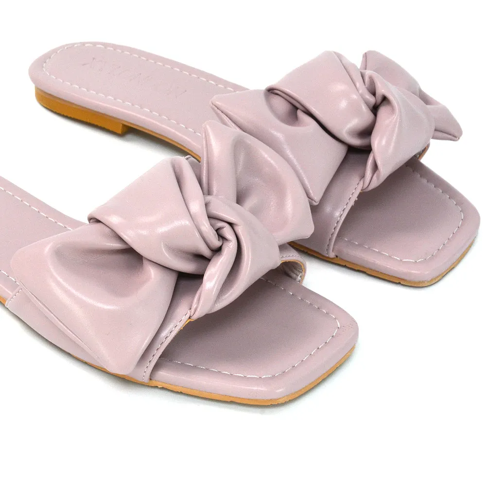 Kallie Flat Bow Detail Square Toe Summer Slider Sandals in Orange Synthetic Leather