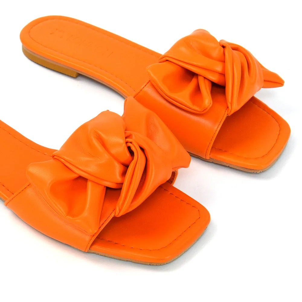 Kallie Flat Bow Detail Square Toe Summer Slider Sandals in Orange Synthetic Leather