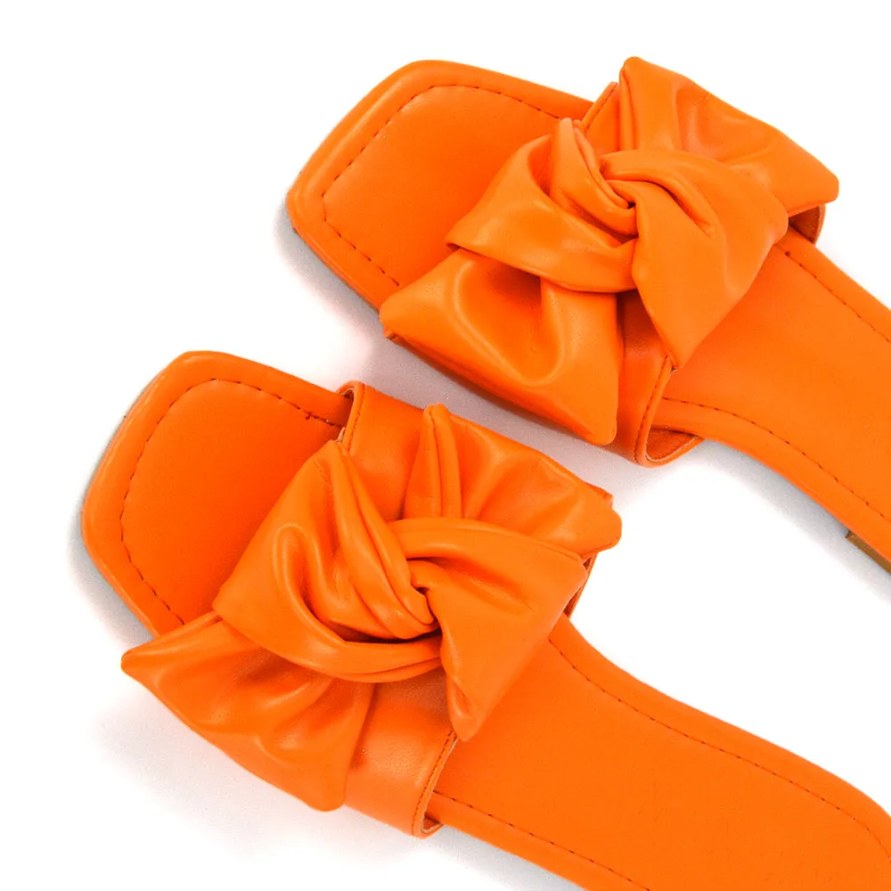 Kallie Flat Bow Detail Square Toe Summer Slider Sandals in Orange Synthetic Leather
