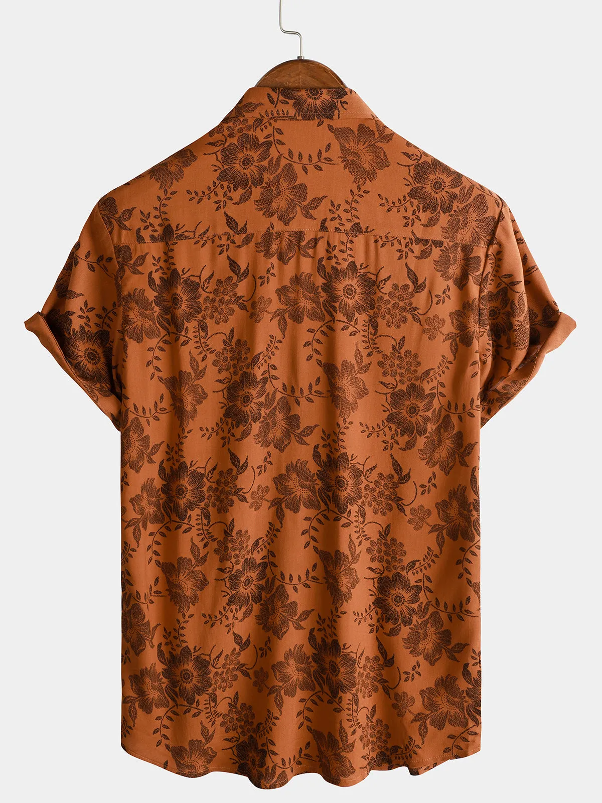 Men's Brown Floral Print Vintage Flower Holiday Breathable Short Sleeve Button Up Shirt
