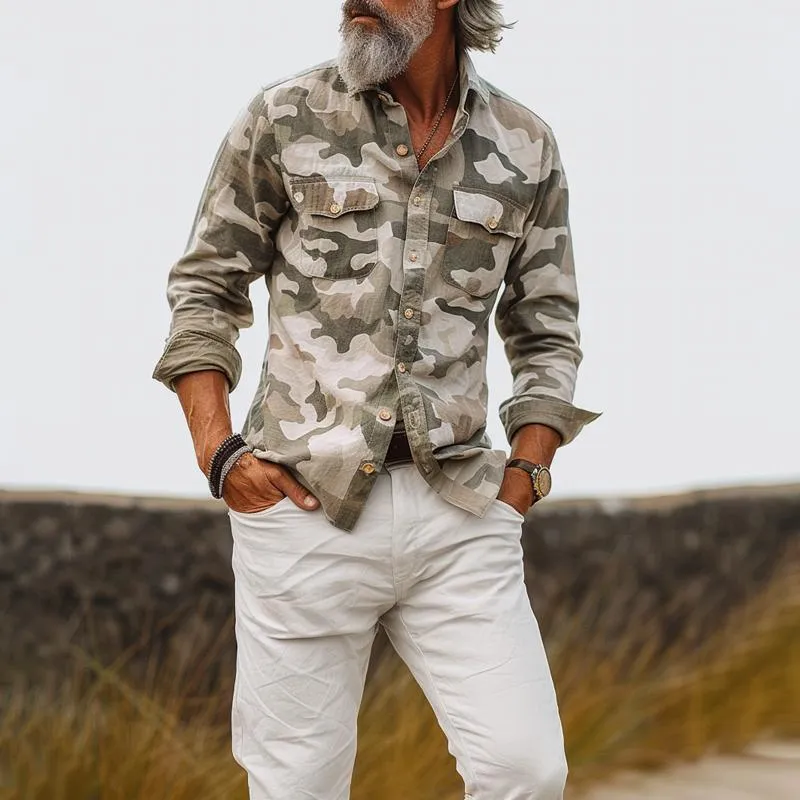 Men's Camouflage Lapel Breast Pocket Cargo Shirt