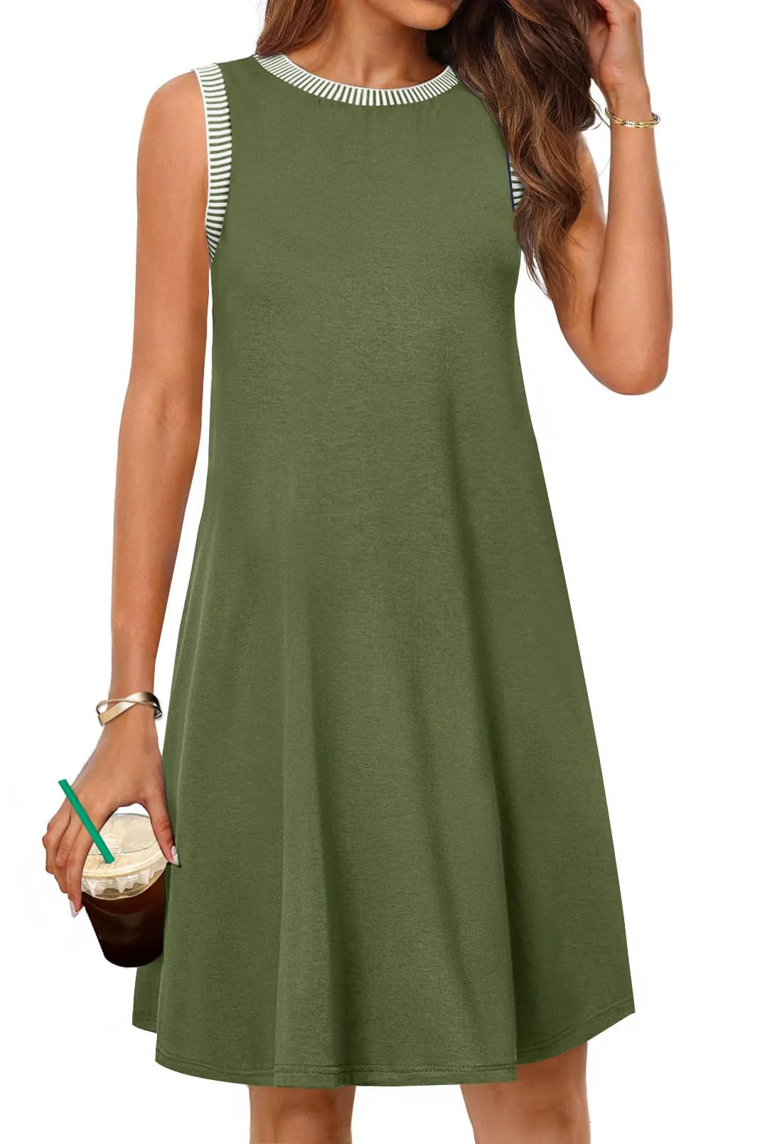 MEROKEETY Sleeveless Tank Crewneck Loose Coverup Mini Dresses