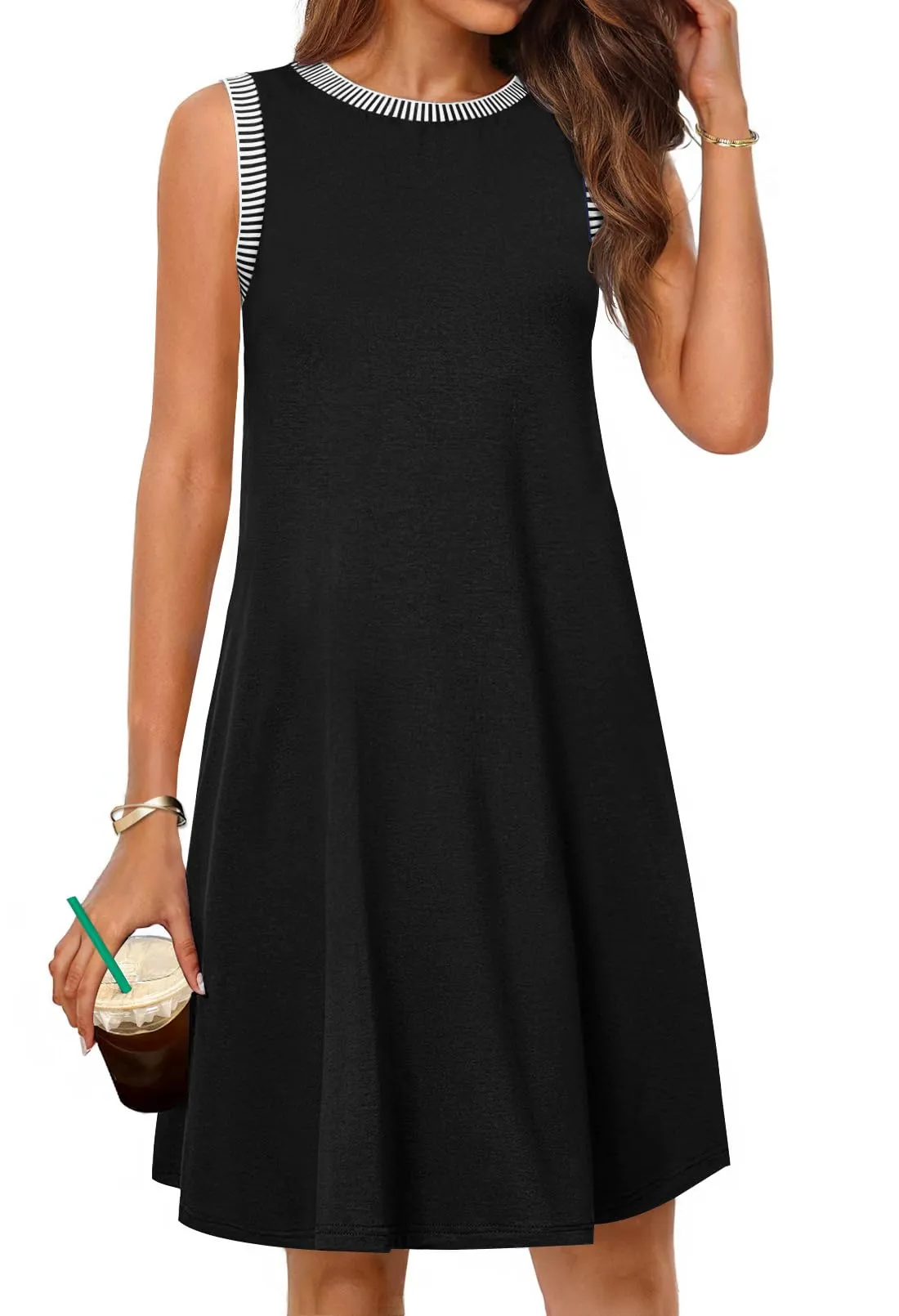 MEROKEETY Sleeveless Tank Crewneck Loose Coverup Mini Dresses