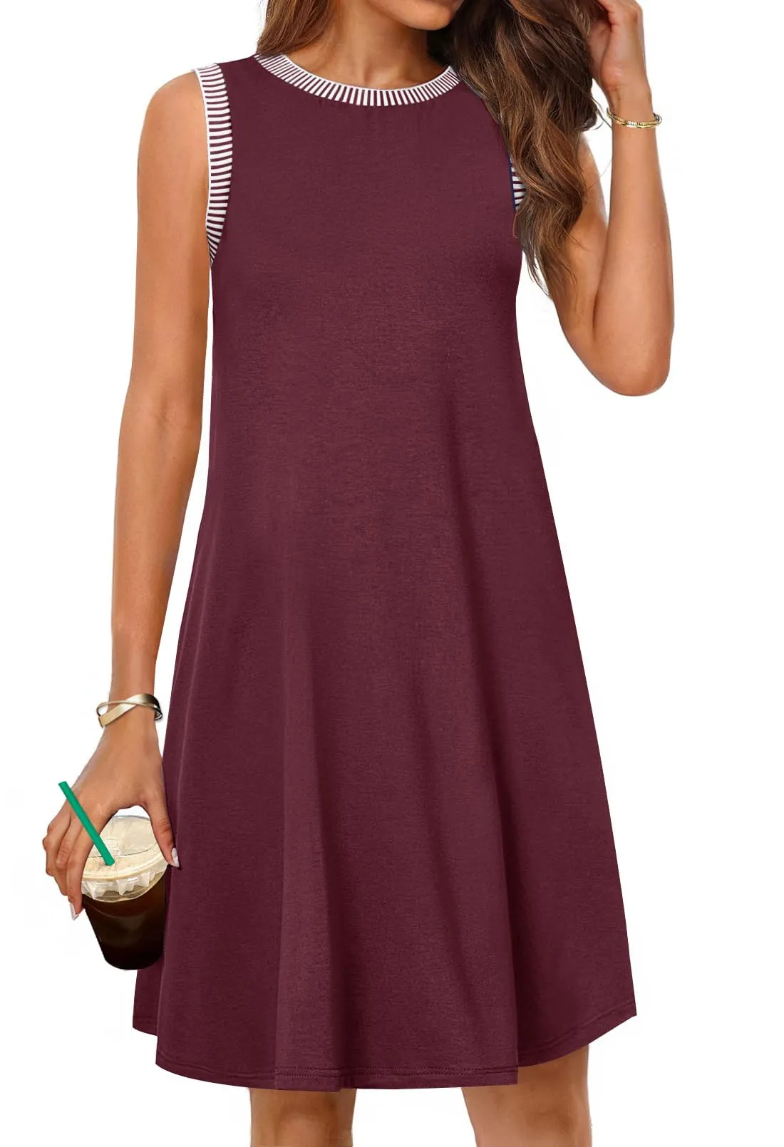 MEROKEETY Sleeveless Tank Crewneck Loose Coverup Mini Dresses