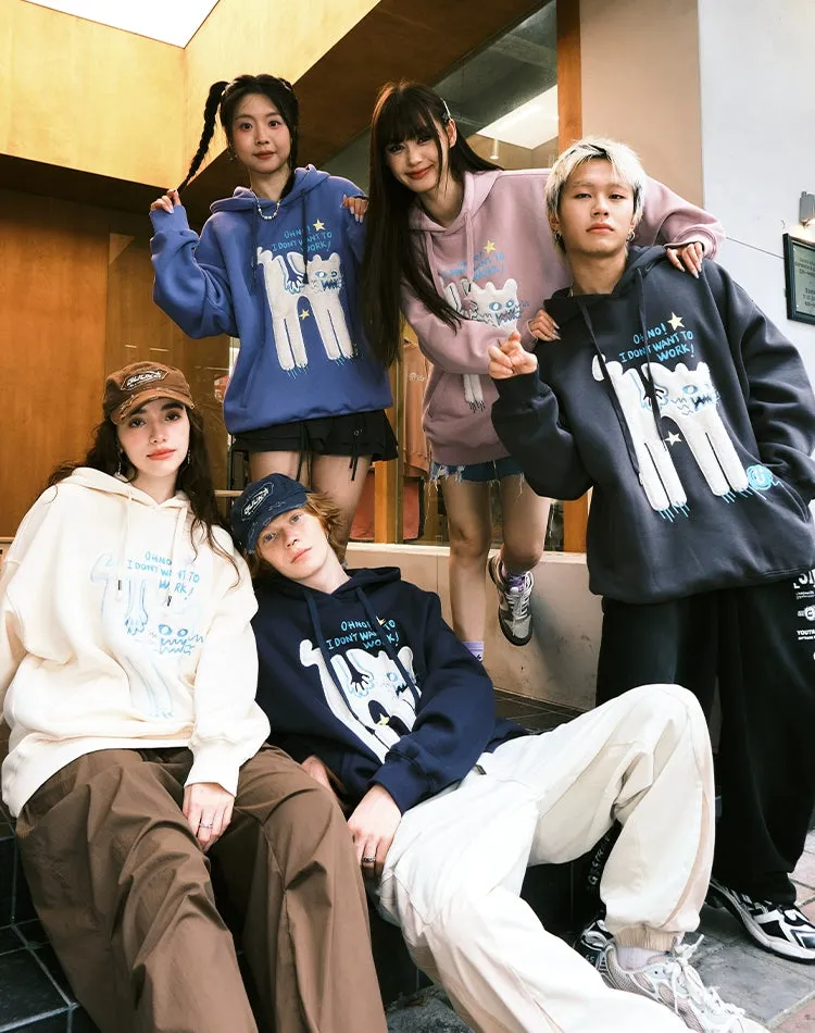 Oh No! I Don’t Want to Work!" Oversized Graphic Hoodie – Cute Lazy Cat Design for Casual Wear
