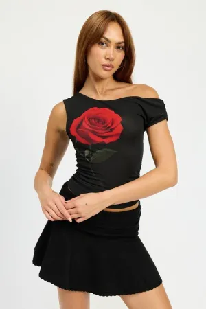 One Shoulder Red Rose Graphic Top