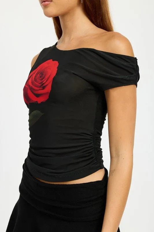 One Shoulder Red Rose Graphic Top
