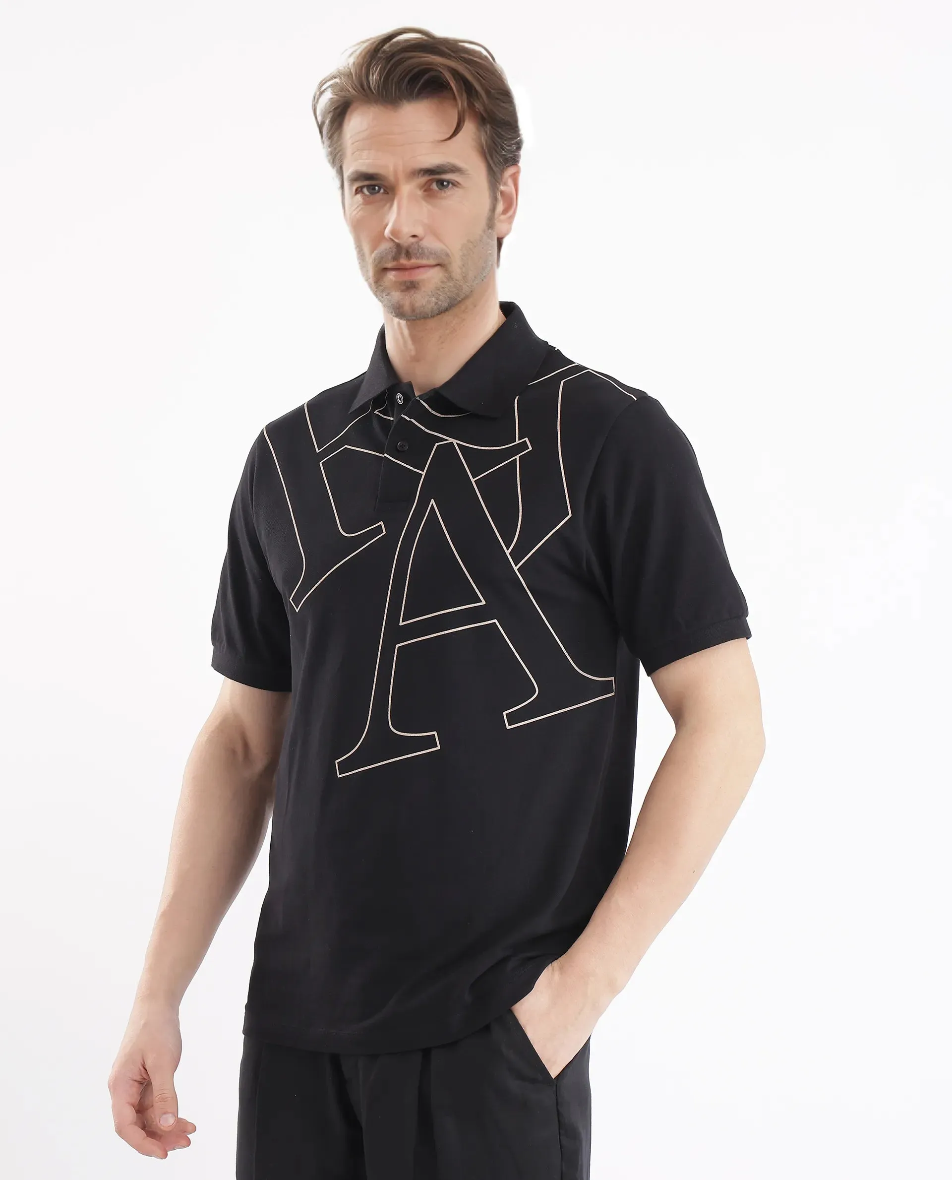 Rare Rabbit Men Daryl Black Cotton Blend Fabric Short Sleeve Regular Collar Placement Typography Print Polo