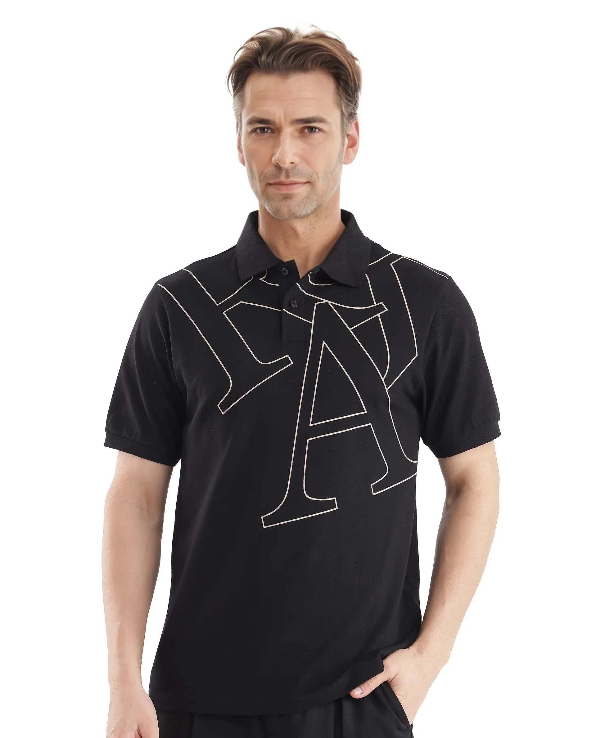 Rare Rabbit Men Daryl Black Cotton Blend Fabric Short Sleeve Regular Collar Placement Typography Print Polo