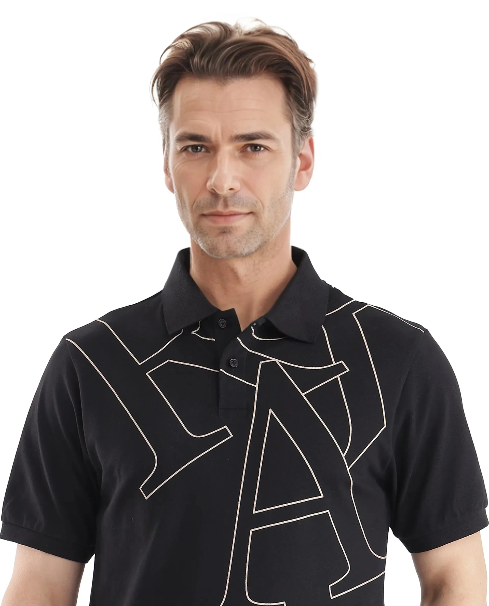 Rare Rabbit Men Daryl Black Cotton Blend Fabric Short Sleeve Regular Collar Placement Typography Print Polo