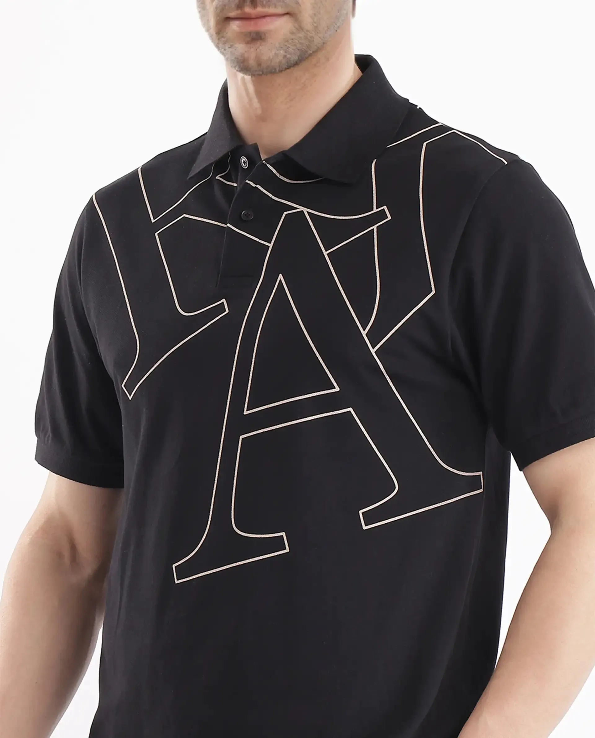 Rare Rabbit Men Daryl Black Cotton Blend Fabric Short Sleeve Regular Collar Placement Typography Print Polo