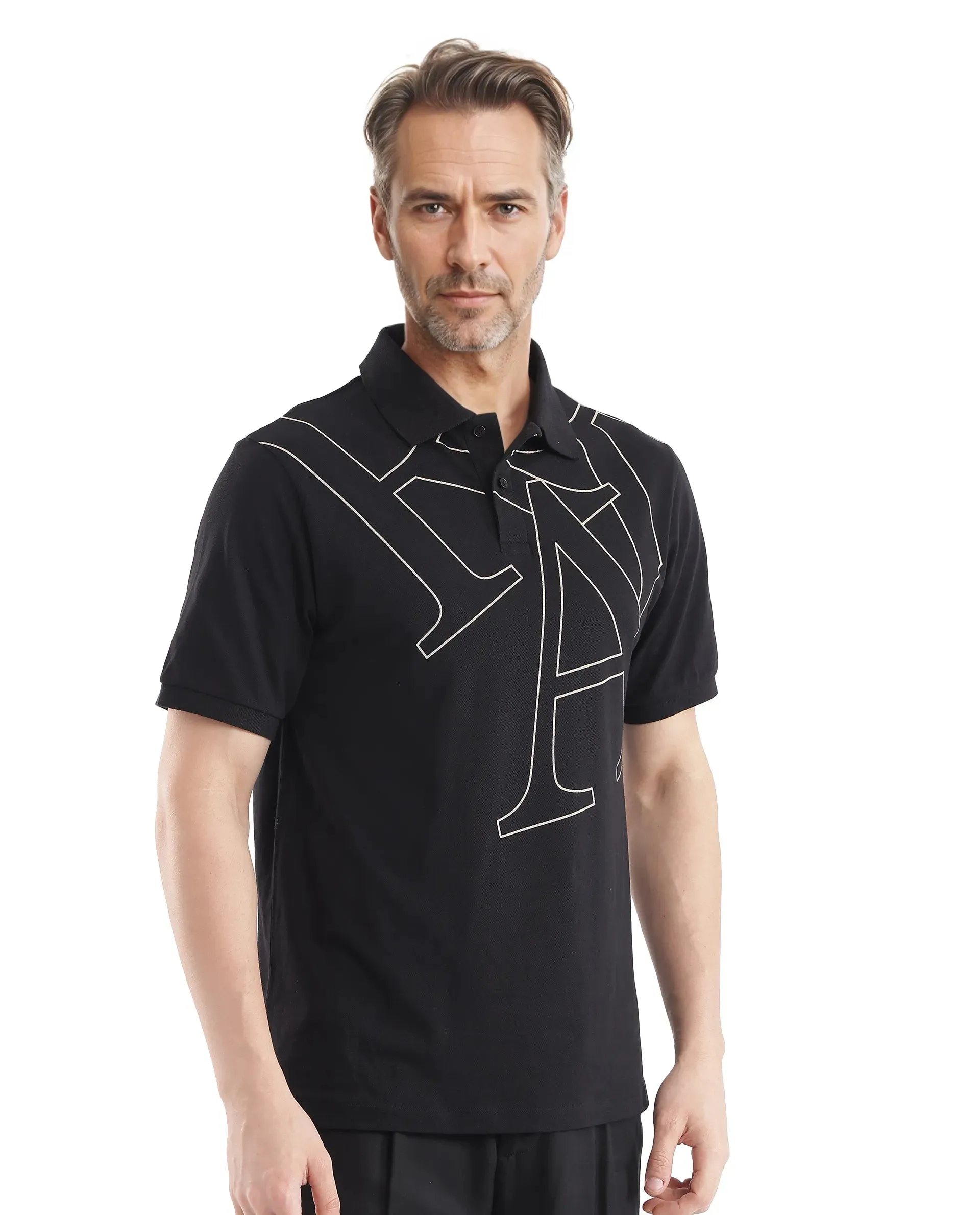 Rare Rabbit Men Daryl Black Cotton Blend Fabric Short Sleeve Regular Collar Placement Typography Print Polo