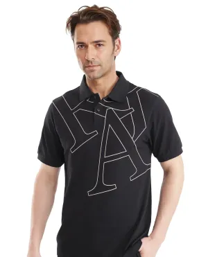 Rare Rabbit Men Daryl Black Cotton Blend Fabric Short Sleeve Regular Collar Placement Typography Print Polo
