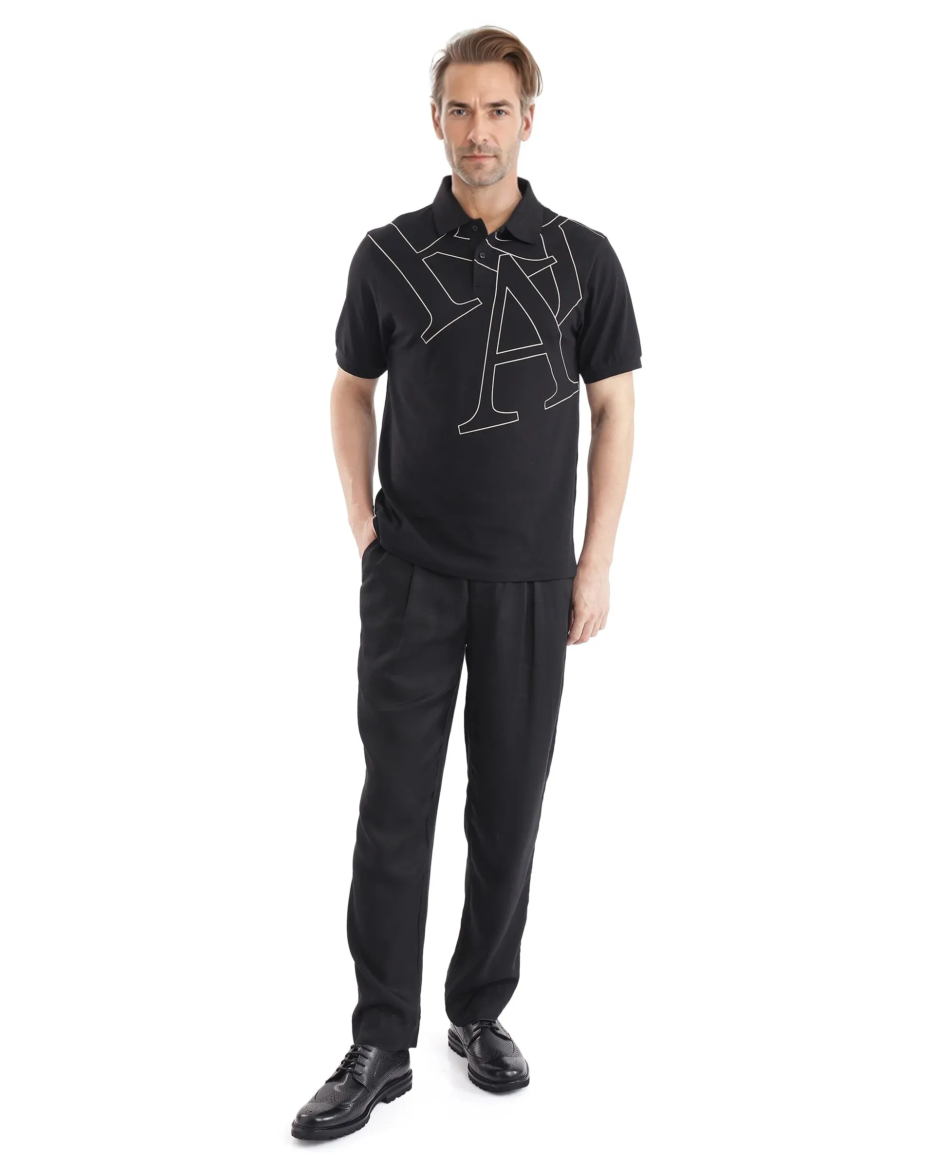 Rare Rabbit Men Daryl Black Cotton Blend Fabric Short Sleeve Regular Collar Placement Typography Print Polo