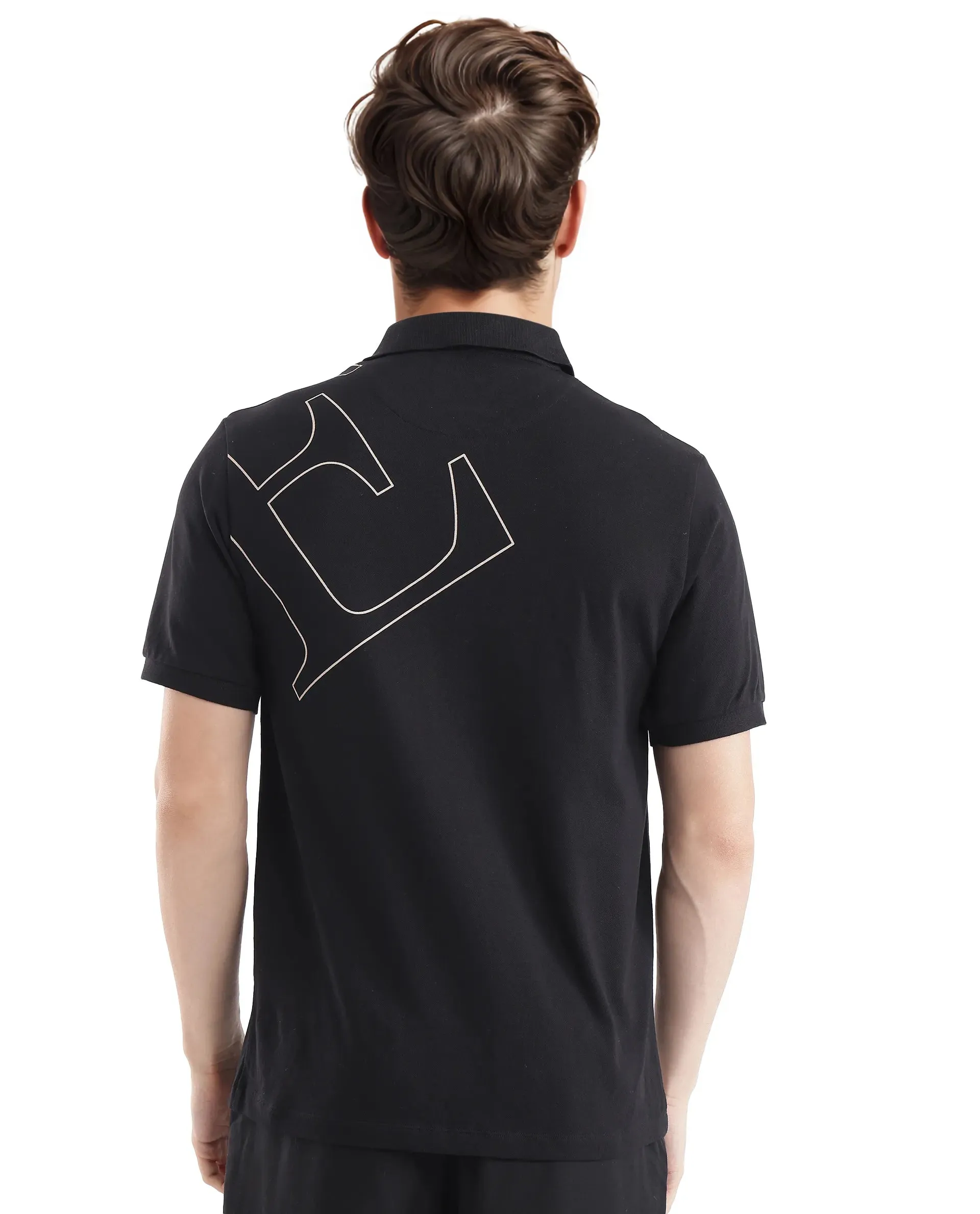 Rare Rabbit Men Daryl Black Cotton Blend Fabric Short Sleeve Regular Collar Placement Typography Print Polo