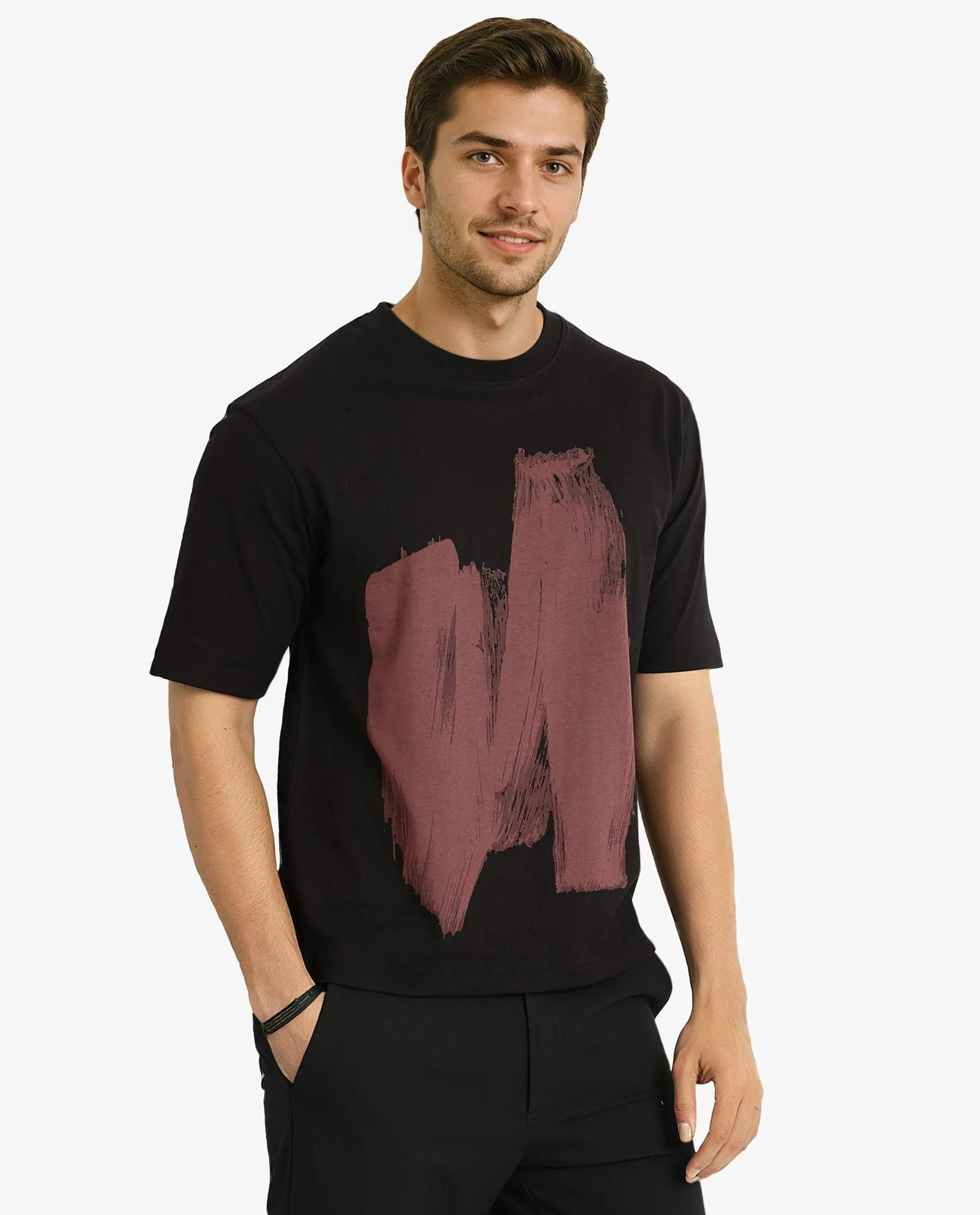 Rare Rabbit Men Jade Black Cotton Fabric Short Sleeve Crew Neck Oversized Fit Abstract Graphic Print T-Shirt